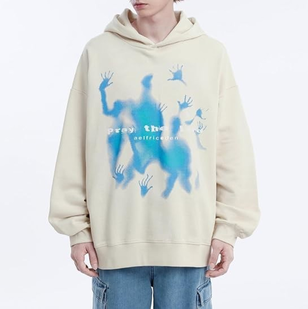 Aelfric Eden Pray the Lord Graphic Hoodie Cream Blue Y2K Heavyweight L A010045